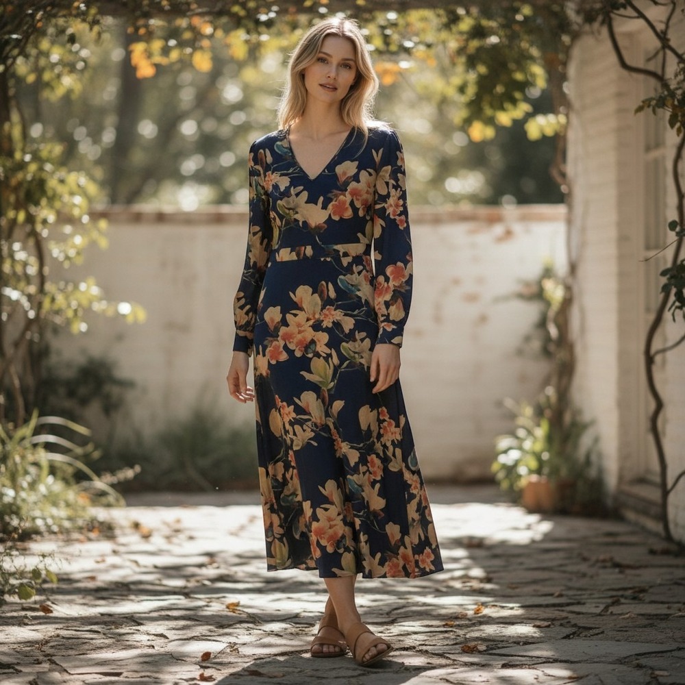 La Bellum Hillary Scott Navy Dark Floral Jacquard Maxi Dress Size 2 Fall